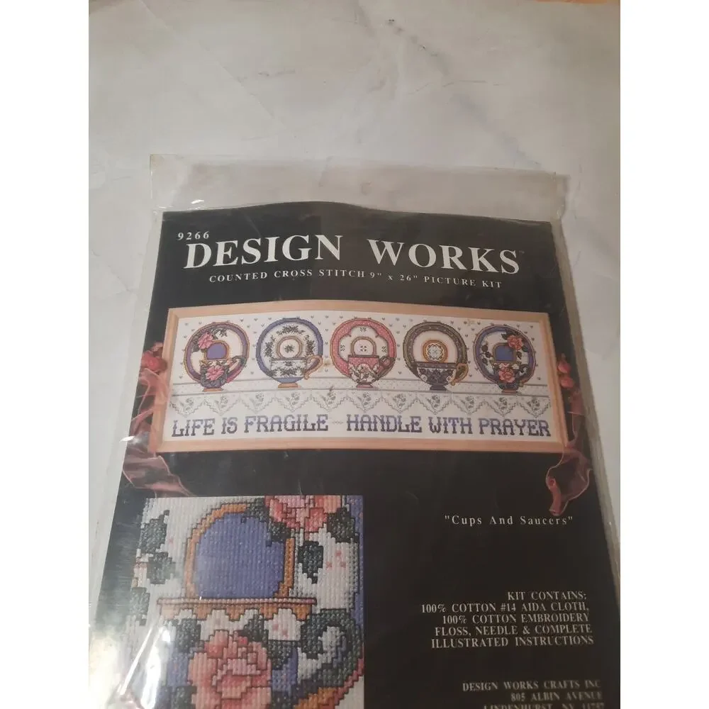 Design Works NEW Counted Cross Stitch Kit #9266 Cups and Saucers 9 x 26 inch